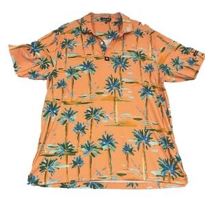 Bad Birdie Polo Golf Shirt XL Mango Orange Palm AOP Hawaiian Performance Preppy